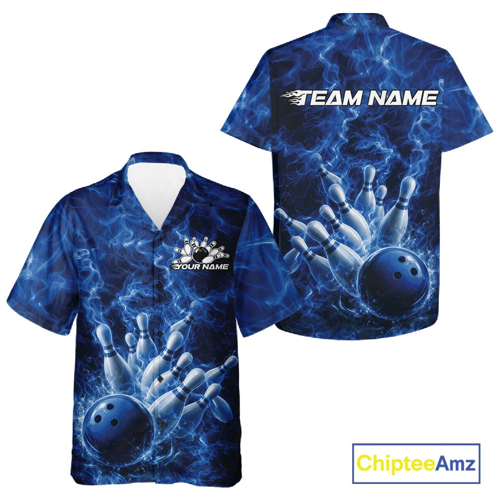 Front and back button-up bowling shirt featuring a blue bowling ball crashing through pins with flame accents.