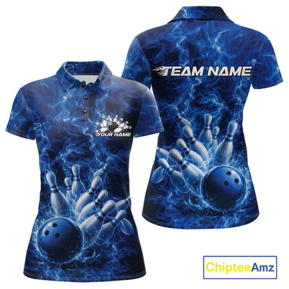 Front and back womens bowling polo mockup featuring a blue bowling ball crashing through pins against flames.
