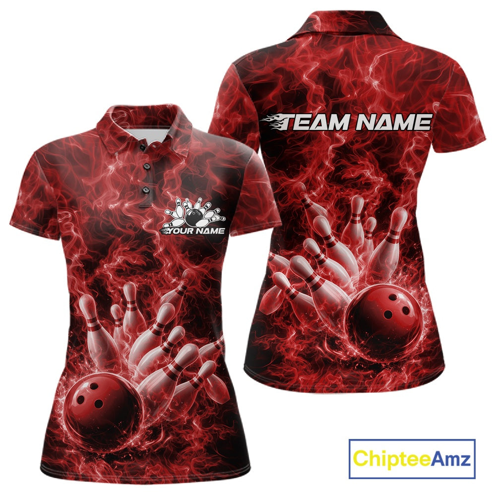 Front and back womens bowling polo featuring a red bowling ball crashing through pins with a fiery background.