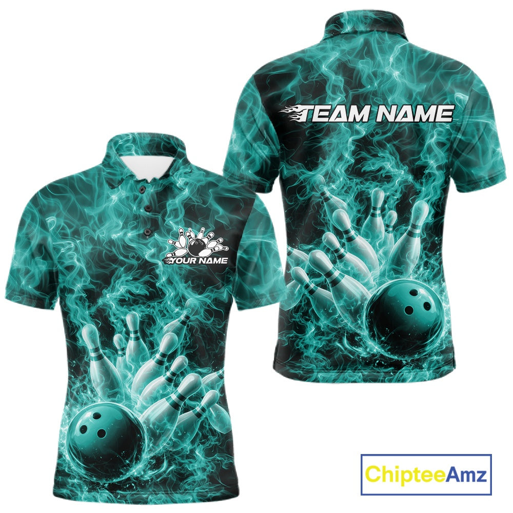 Front and back mens bowling polo featuring a turquoise blue bowling ball crashing through pins with flame artwork.