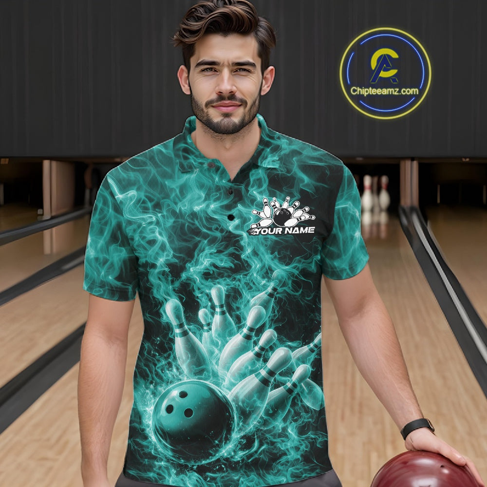 Male model in a bowling lane wearing a polo with turquoise blue bowling ball strike graphics and flames.