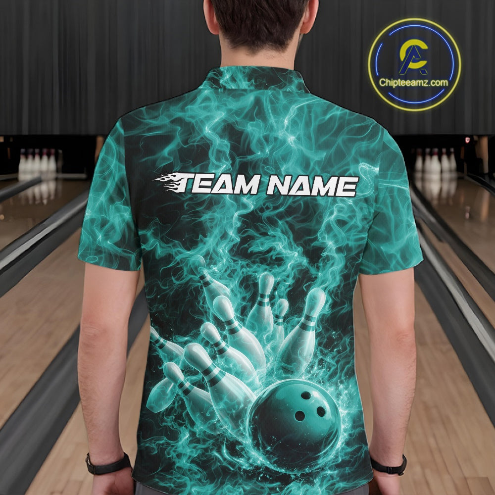 Back view of a mens bowling polo showcasing a turquoise blue bowling ball striking pins against a fiery background.