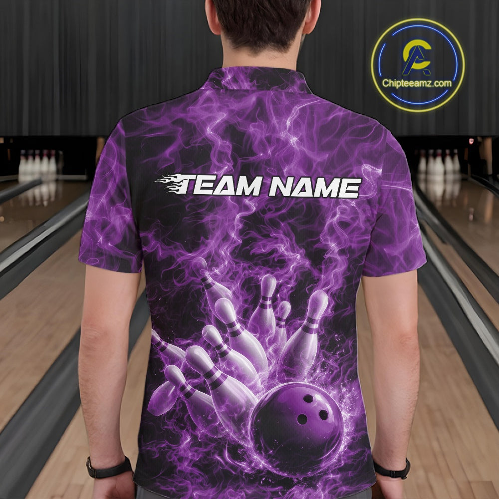 Back view of a mens bowling polo displaying a purple bowling strike scene with fiery background details.
