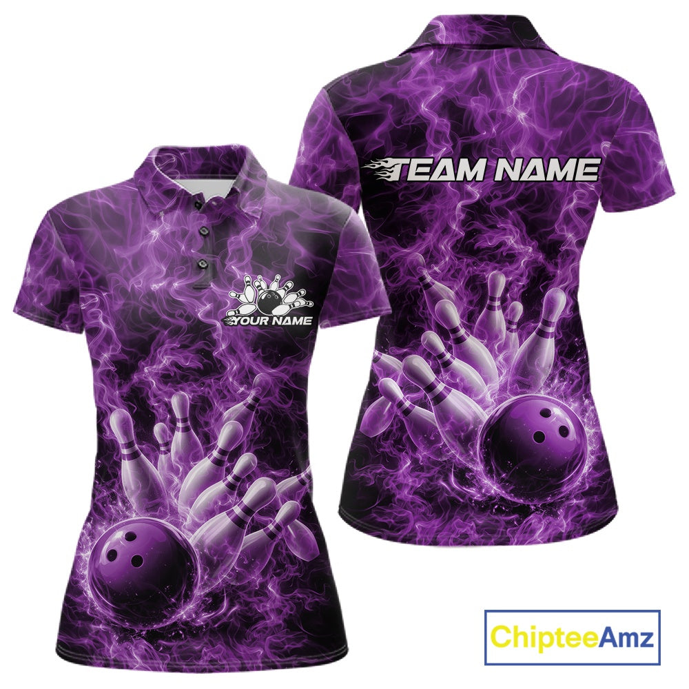 Front and back womens bowling polo featuring a purple bowling ball crashing through bowling pins with flame artwork.