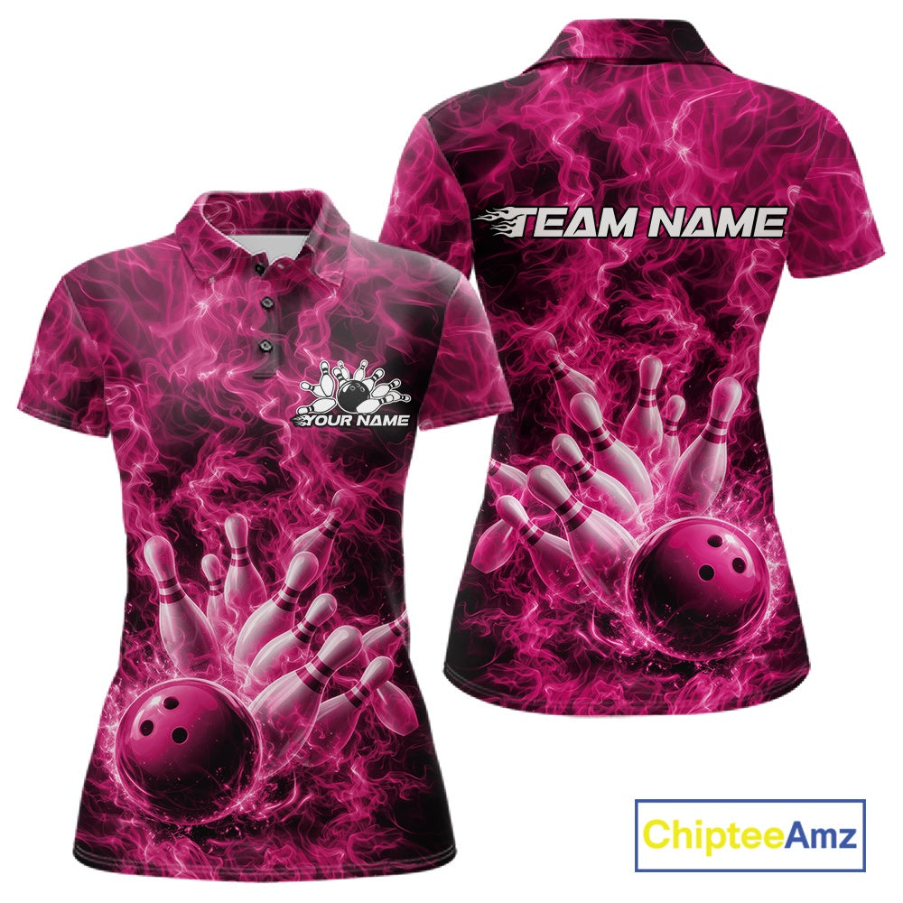 Front and back womens bowling polo mockup featuring a pink bowling ball crashing through pins against a flame background.