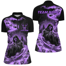 Load image into Gallery viewer, Black And Purple Grim Reaper Custom Halloween Bowling Team Shirts For Women, Bowling Gifts IPHW7613