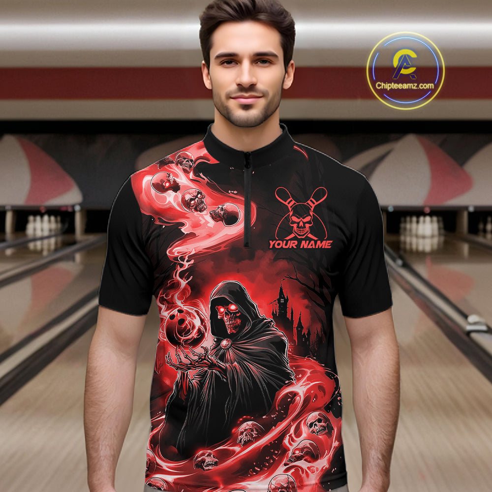 Black And Red Grim Reaper Custom Halloween Bowling Team Shirts For Men, Bowling Gifts IPHW7614