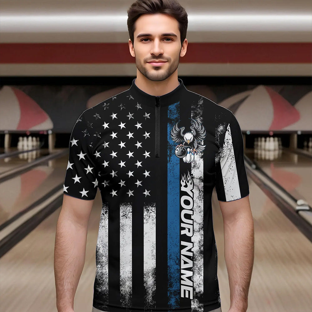 Custom Blue Thin Line American Flag Eagle Bowling Men Quarter-Zip Shirts, Patriotic US Bowling IPHW8738