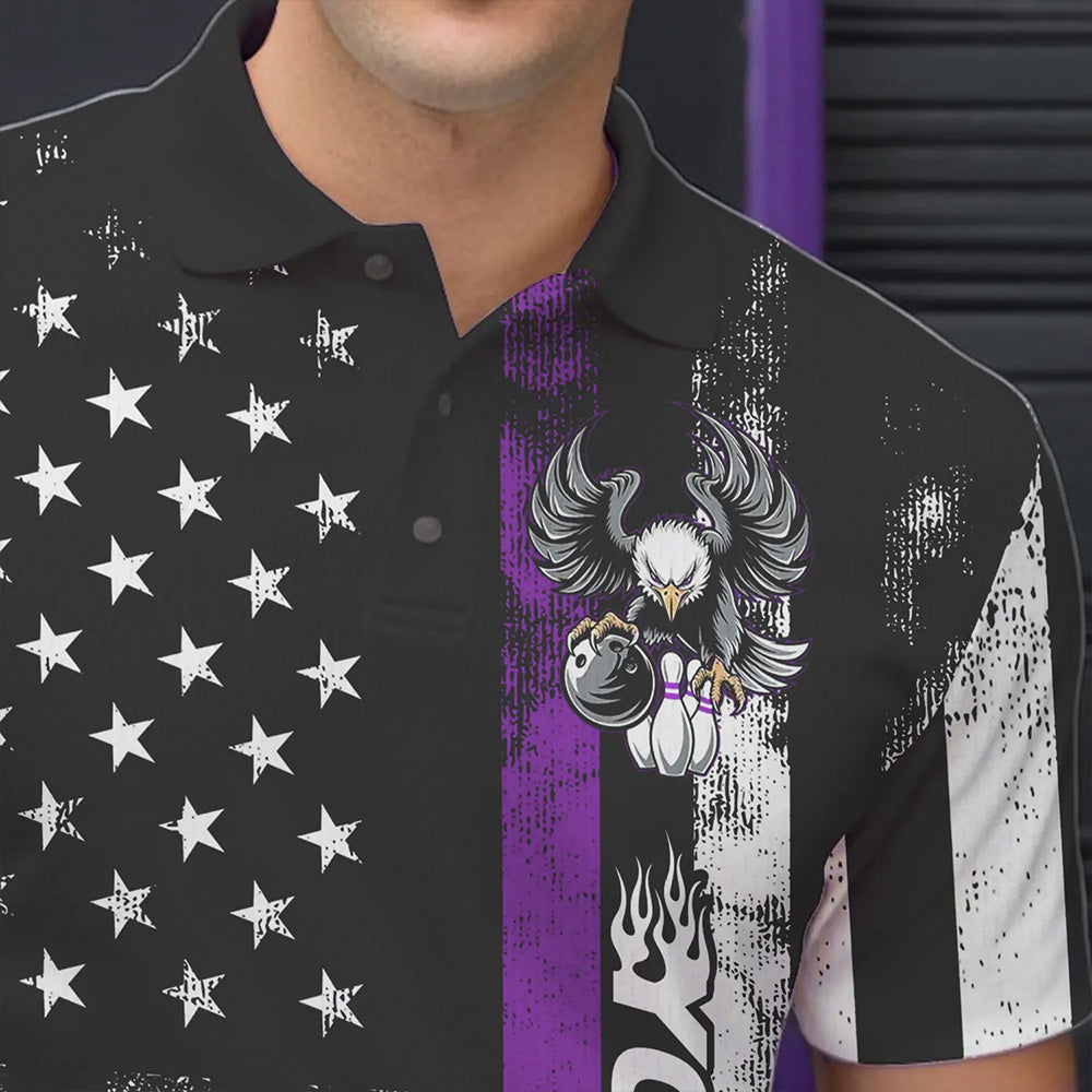 Custom Purple Thin Line American Flag Eagle Bowling Men Polo Shirts, Patriotic US Bowling Shirt IPHW8739