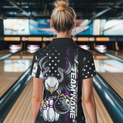 Custom Purple Line American Flag Eagle Bowling Women Quarter-Zip Shirt, Patriotic Bowling IPHW8739