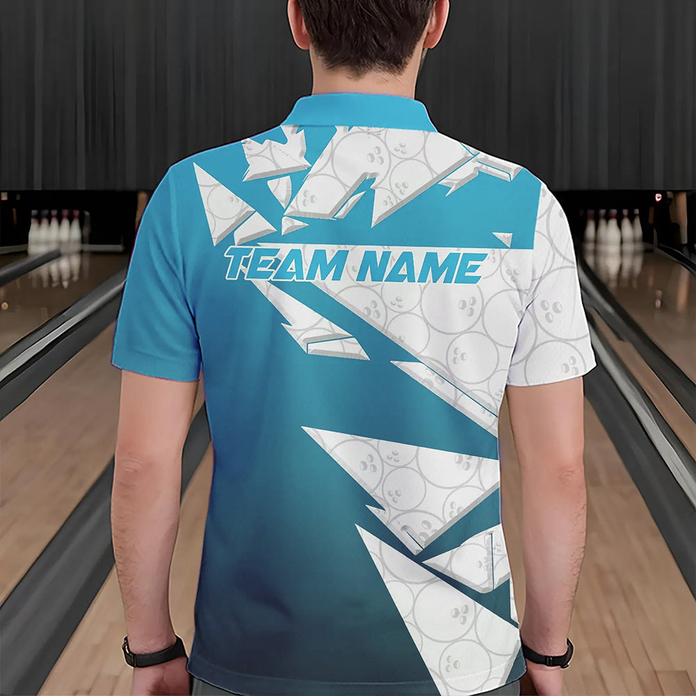 Custom White And Blue Bowling Team Polo Shirts For Men, Bowling Ball Pattern Bowlers Outfit IPHW8741