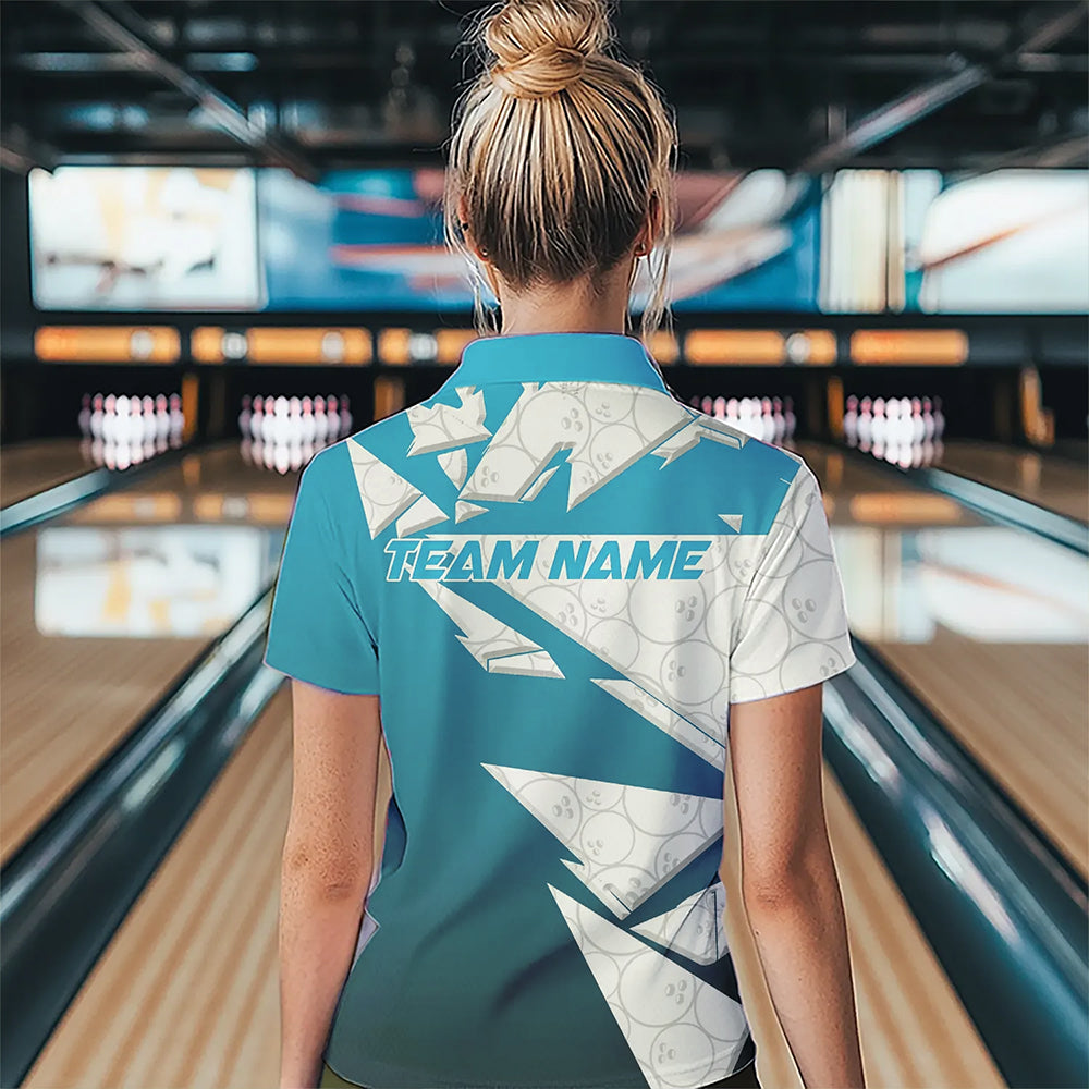 Custom White And Blue Bowling Team Women Quarter-Zip Shirt, Bowling Ball Pattern Outfit IPHW8741