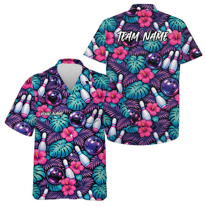 Custom Pink, Purple And Blue Tropical Leaves And Hibiscus Flower Bowling Hawaiian Shirt IPHW10844