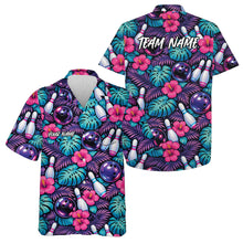 Load image into Gallery viewer, Custom Pink, Purple And Blue Tropical Leaves And Hibiscus Flower Bowling Hawaiian Shirt IPHW10844