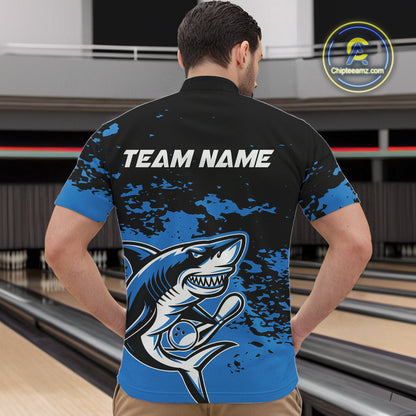 Custom Black And Blue Camo Shark Bowling Team Men Quarter-Zip Shirts, Bowling Tournament Shirt IPHW8996