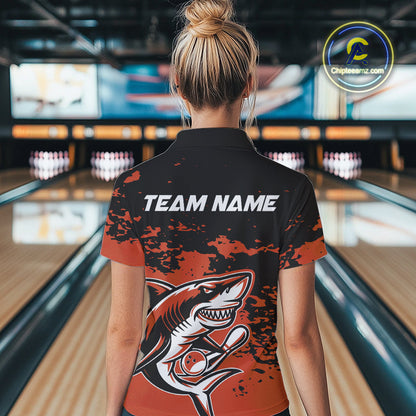 Custom Black And Ornage Camo Shark Bowling Women Polo Shirts, Bowling Tournament Shirt IPHW8998