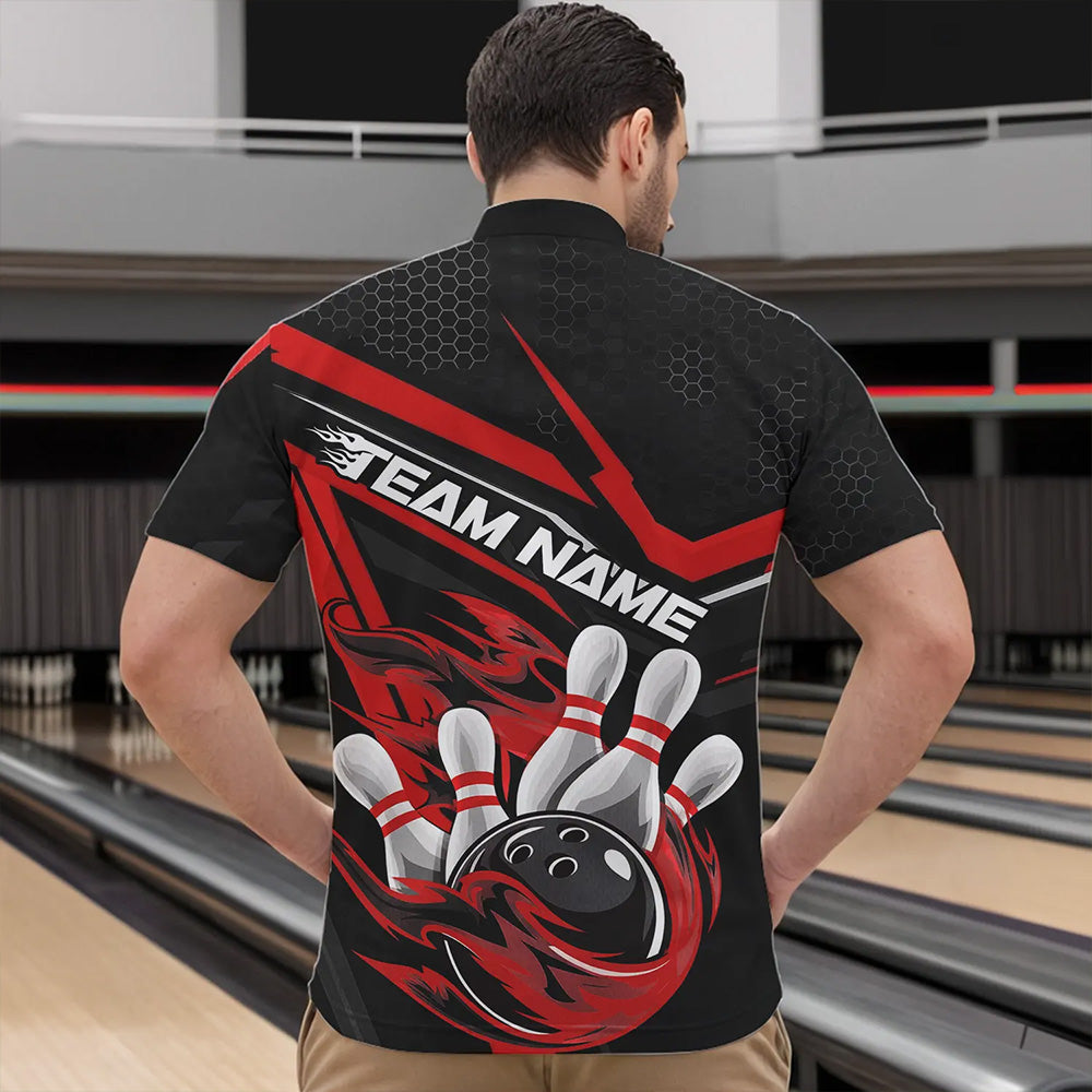Custom Black And Red Flame Bowling Team Quarter-Zip Shirts For Men, Fire Bowling League Shirt IPHW8768