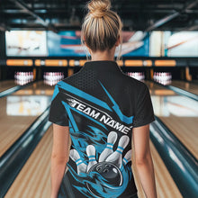 Load image into Gallery viewer, Custom Black And Blue Flame Bowling Team Polo Shirts For Women, Fire Bowling League Shirt IPHW8769
