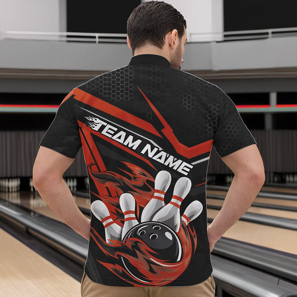 Custom Black And Orange Flame Bowling Team Quarter-Zip Shirts For Men, Fire Bowling League Shirt IPHW8770