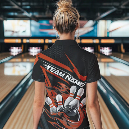 Custom Black And Orange Flame Bowling Women Quarter-Zip Shirts, Fire Bowling League Shirt IPHW8770