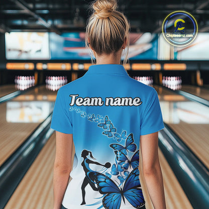 Custom Blue Gradient Butterfly Bowling Team Women Quarter-Zip Shirts, Bowlers Outfit IPHW9008