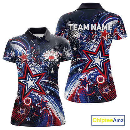 Front and back views of a custom women's bowling polo shirt featuring red, white, and blue patriotic stars, halftone dots, and a grunge texture design.