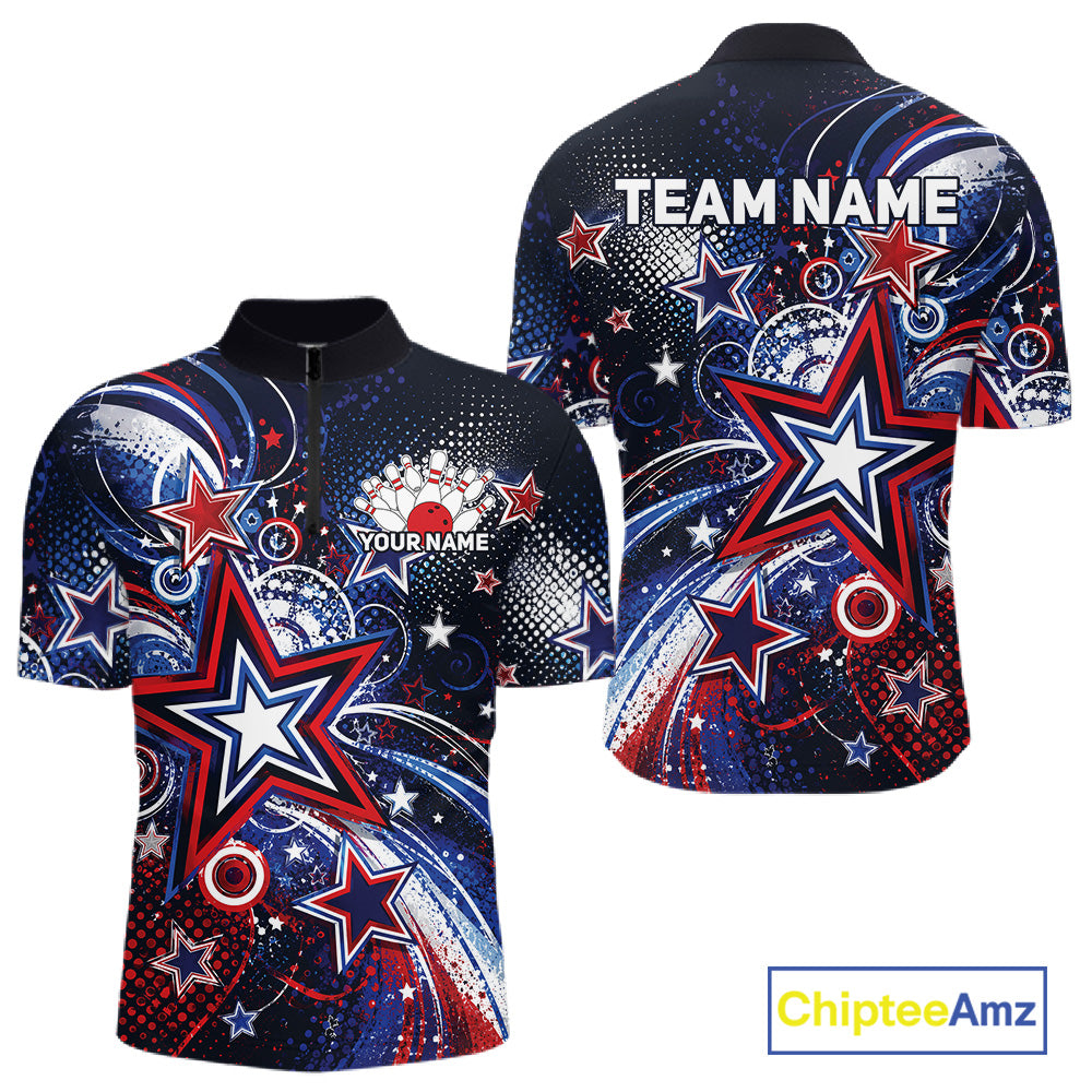 Front and back views of a custom quarter zip bowling shirt featuring red, white, and blue patriotic stars, halftone dots, and a grunge texture design.