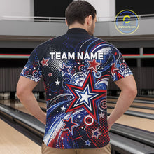 Load image into Gallery viewer, Back view of a male model in a bowling alley wearing a custom quarter zip bowling shirt featuring red, white, and blue patriotic stars, halftone dots, and a grunge texture design.
