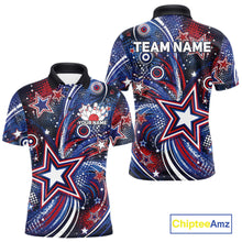Load image into Gallery viewer, Front and back views of a custom men's bowling polo shirt featuring red, white, and blue patriotic stars, halftone dots, and a grunge texture design.
