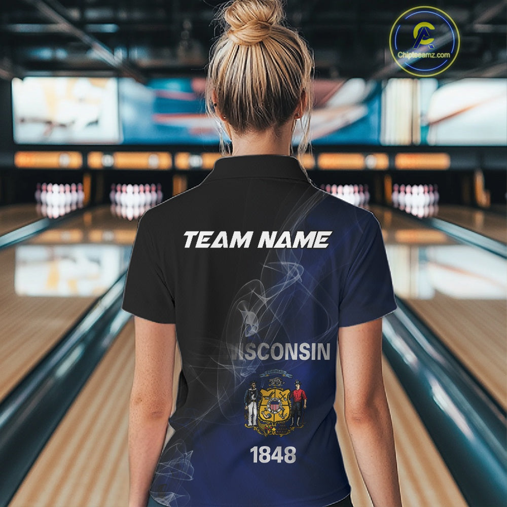 Custom Smoke Wisconsin Flag Bowling Women Team Shirts, Patriotic Wisconsin Bowling Jerseys IPHW10628