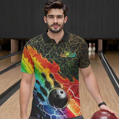 Custom Rainbow Flame Bowling Team Polo Shirts For Men, Colorful Bowling League Shirt IPHW8785
