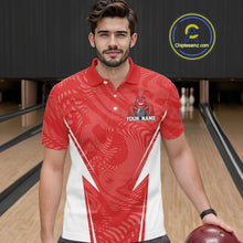 Load image into Gallery viewer, Front view of a male model in a bowling alley wearing a red custom bowling polo shirt with a funny aggressive crawfish holding a bowling ball in a sporty design style.