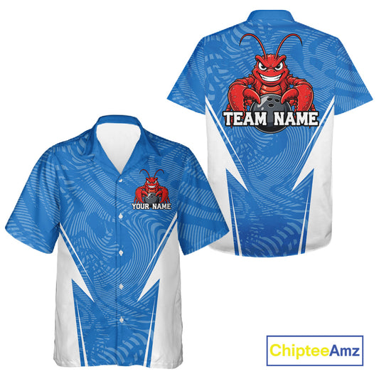 Front and back views of a blue custom bowling button-up shirt featuring a funny aggressive crawfish holding a bowling ball in a sporty design style.