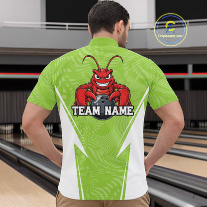 Back view of a male model in a bowling alley wearing a light green custom quarter-zip bowling shirt with a funny aggressive crawfish holding a bowling ball in a sportswear-style design.