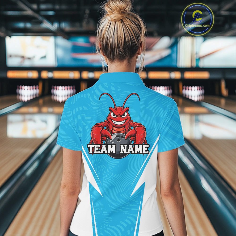 Back view of a female model in a bowling alley wearing a blue custom quarter-zip bowling shirt with a funny aggressive crawfish holding a bowling ball in a sportswear-style design.