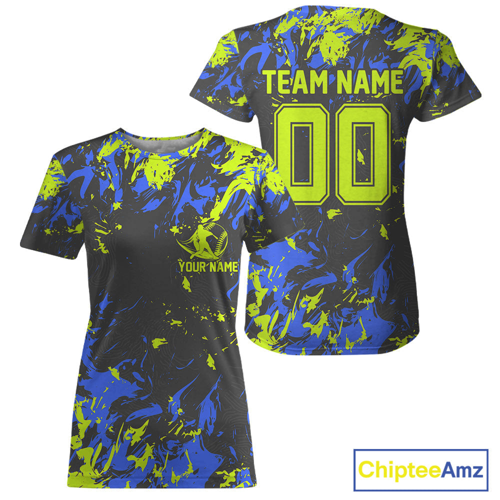 Custom Black, Green And Blue Camouflage Baseball Women T-Shirts Shirts, Baseball Team Uniform IPHW9588