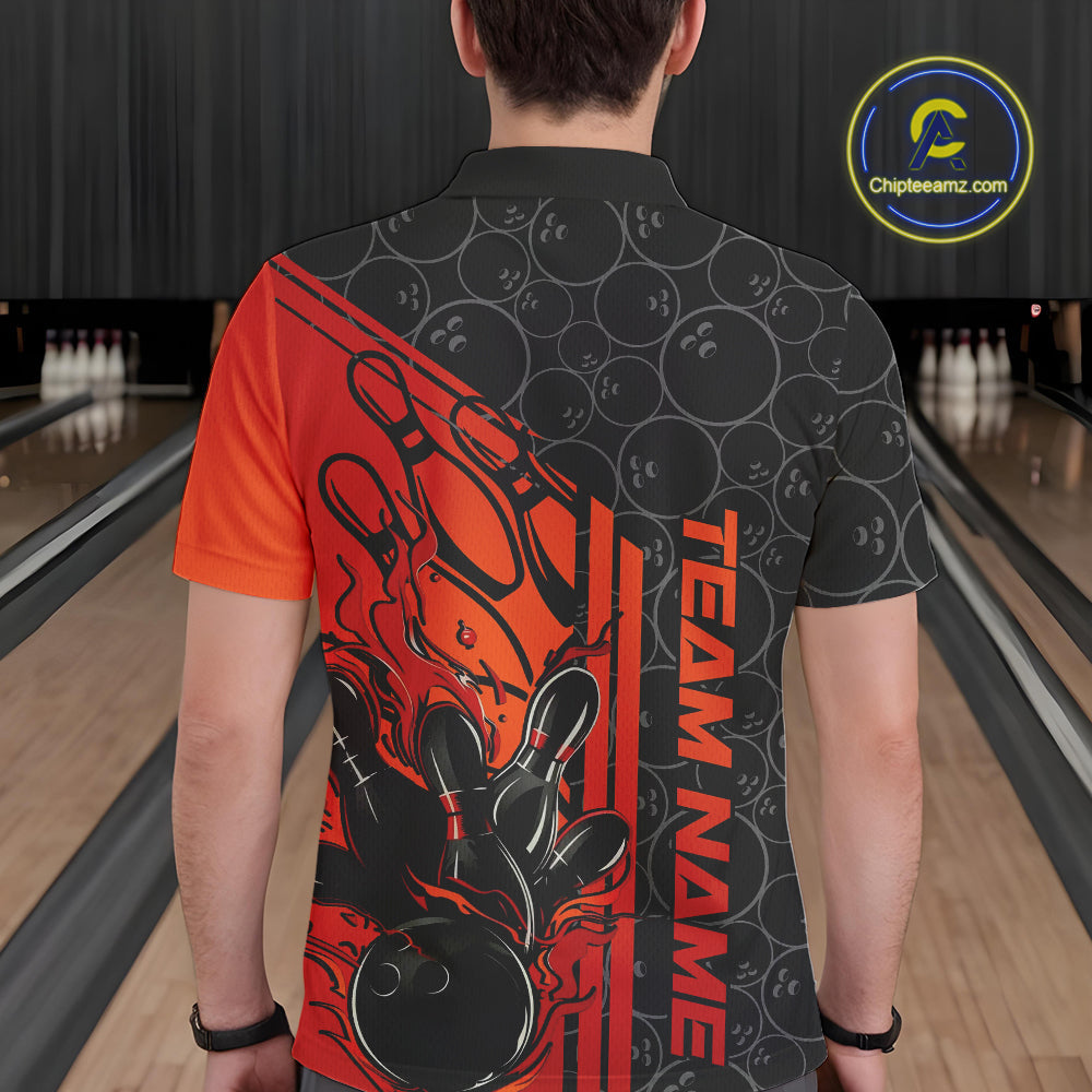 Custom Black And Red Orange Flame Bowling Polo Shirts For Men, Bowling Pattern Shirt IPHW9271