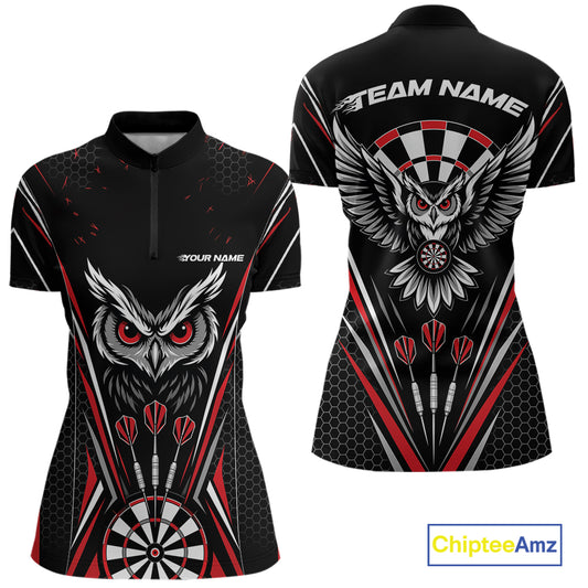 Custom Black And Red Owl Darts Quarter-Zip Shirts For Women, Darts Team Jerseys IPHW11722