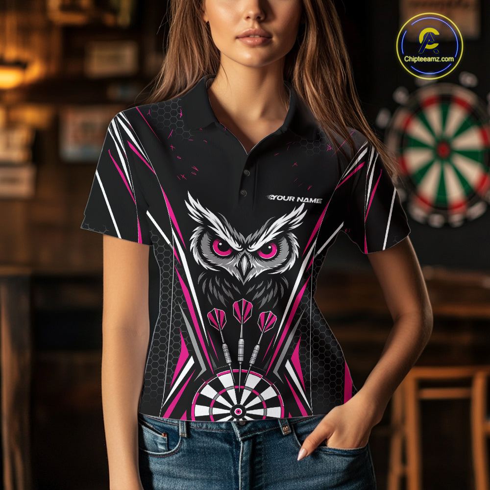 Custom Black And Pink Owl Darts Polo Shirts For Women, Darts Team Jerseys IPHW11726