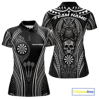 Custom Black And White Tribal Owl And Skull Darts Women Polo Shirt, Halloween Darts Outfit IPHW11728