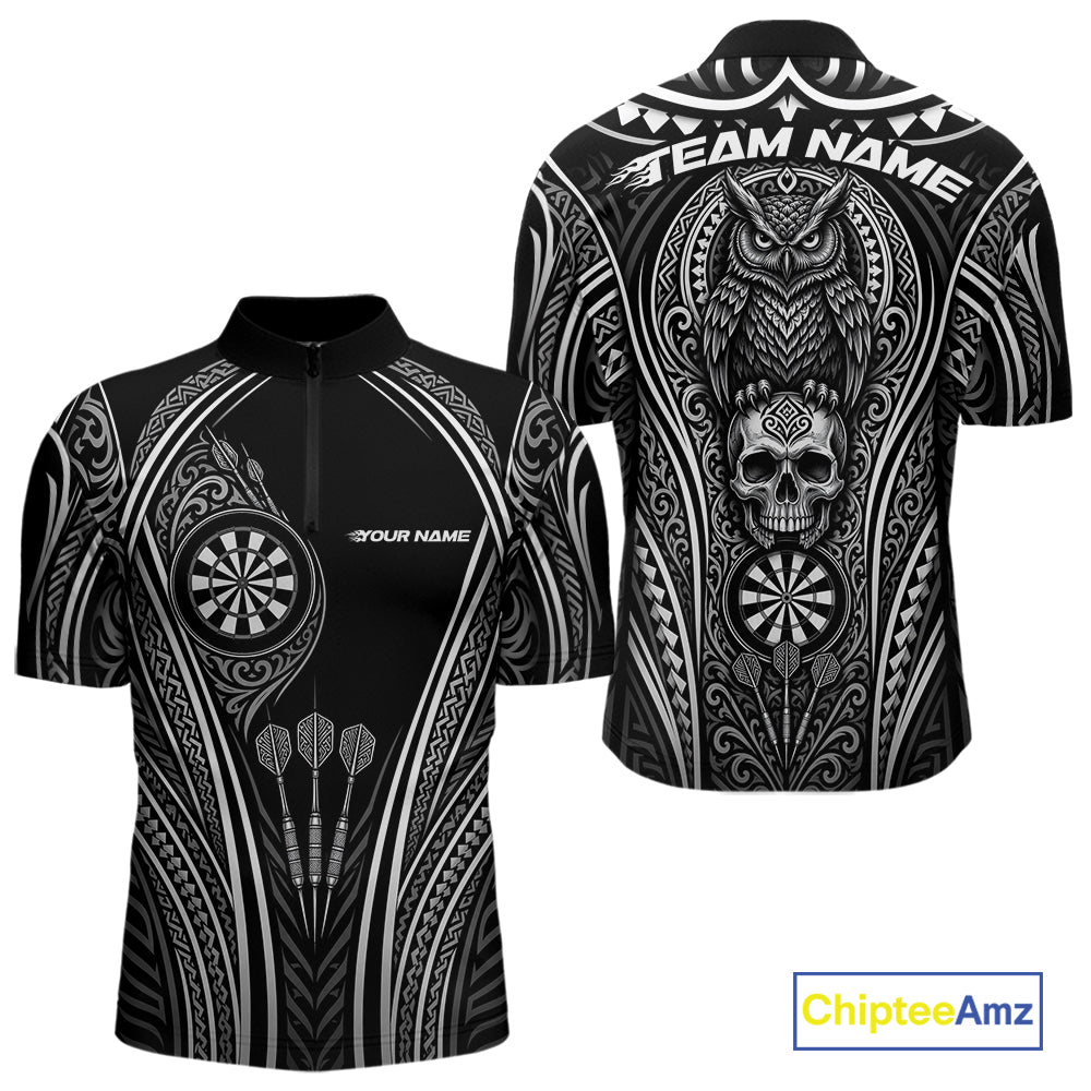 Custom Black And White Tribal Owl And Skull Darts Men Quarter Zip Shirt, Halloween Darts Outfit IPHW11728