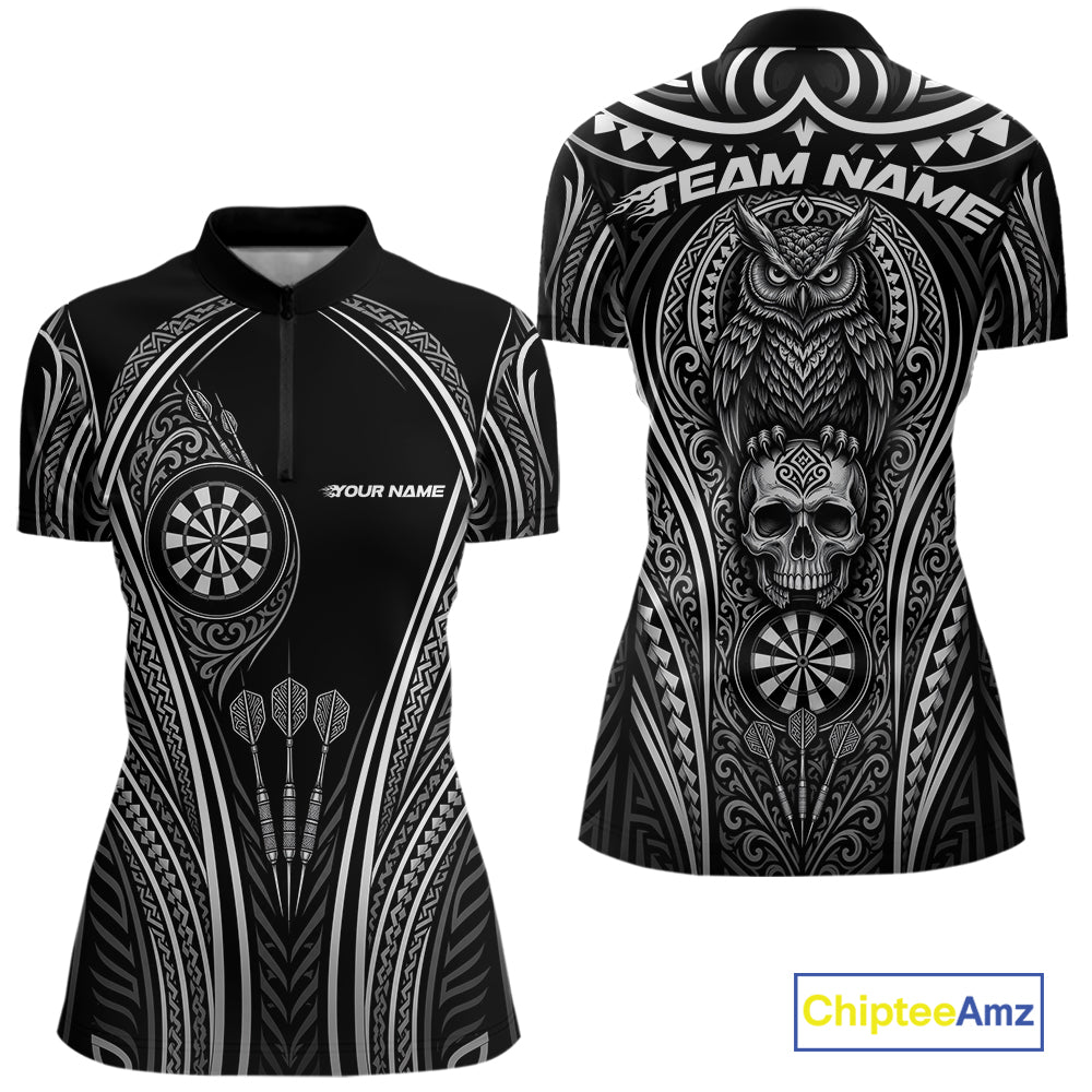 Custom Black And White Tribal Owl And Skull Halloween Darts Women Quarter-Zip Shirt IPHW11728