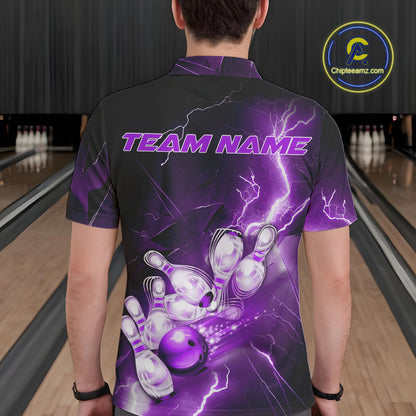 Custom Purple Thunder Lightning Bowling Polo Shirts For Men, Bowling League Shirt IPHW9793