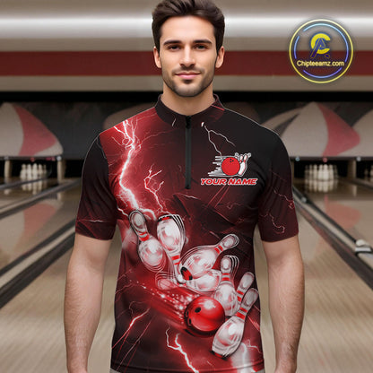 Custom Red Thunder Lightning Bowling Quarter-Zip Shirts For Men, Bowling League Shirt IPHW9794