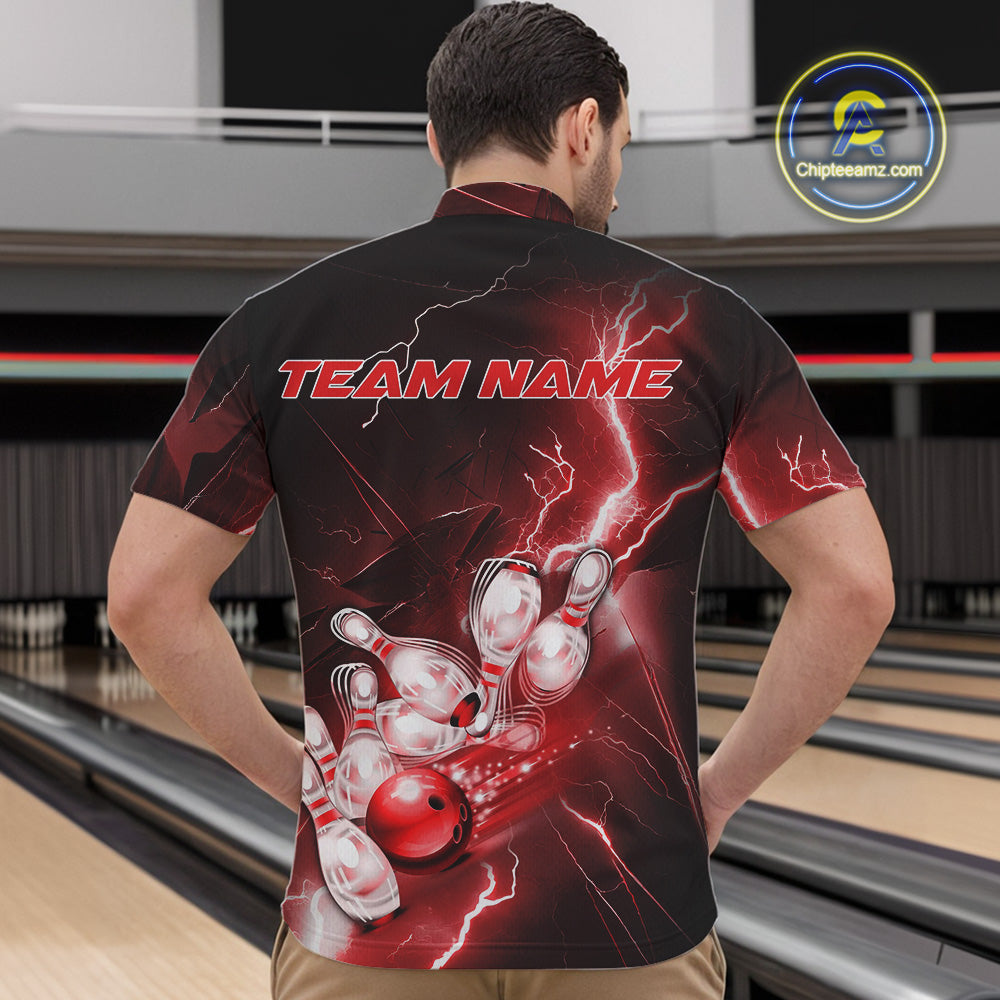 Custom Red Thunder Lightning Bowling Quarter-Zip Shirts For Men, Bowling League Shirt IPHW9794