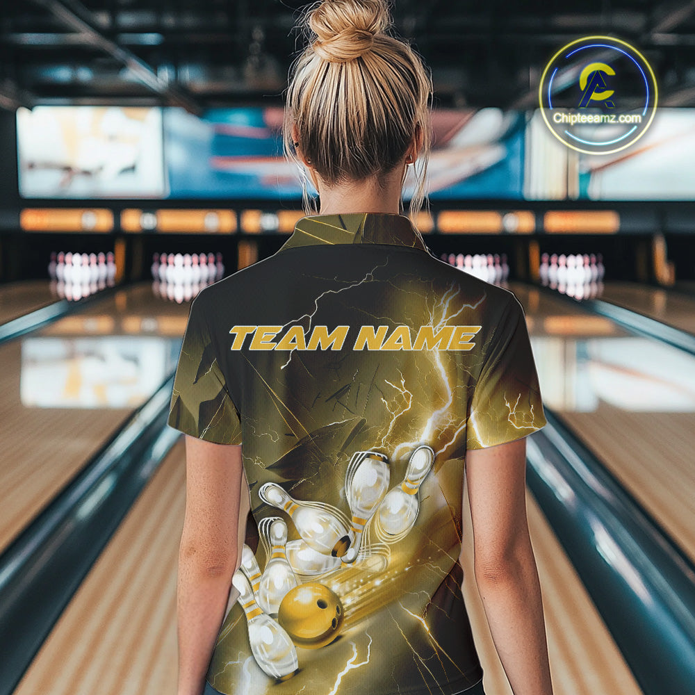 Custom Yellow Thunder Lightning Bowling Quarter-Zip Shirt For Women, Bowling League Shirt IPHW9795
