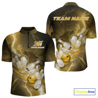 Custom Yellow Thunder Lightning Bowling Quarter-Zip Shirts For Men, Bowling League Shirt IPHW9795