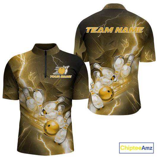 Custom Yellow Thunder Lightning Bowling Quarter-Zip Shirts For Men, Bowling League Shirt IPHW9795