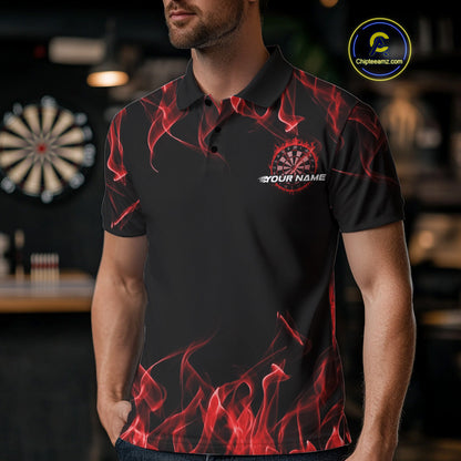 Custom Black And Red Flame Dartboard Dart Polo Shirts For Men, Dart Players Outfits IPHW9963
