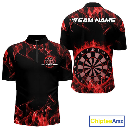Custom Black And Red Flame Dartboard Dart Quarter-Zip Shirts For Men, Dart Players Outfits IPHW9963